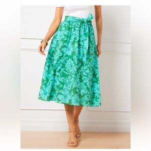 Talbots Vineyard Floral Voile Midi Skirt Tie Waist Green Blue Pockets XS NEW
